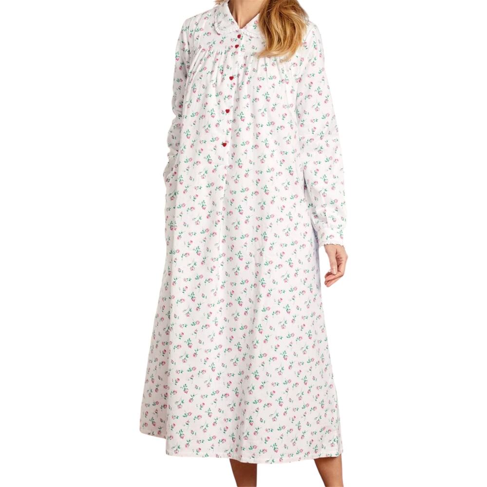 Lanz of Salzburg Red Rose 100% Cotton Flannel Nightgown Pockets Floral White M